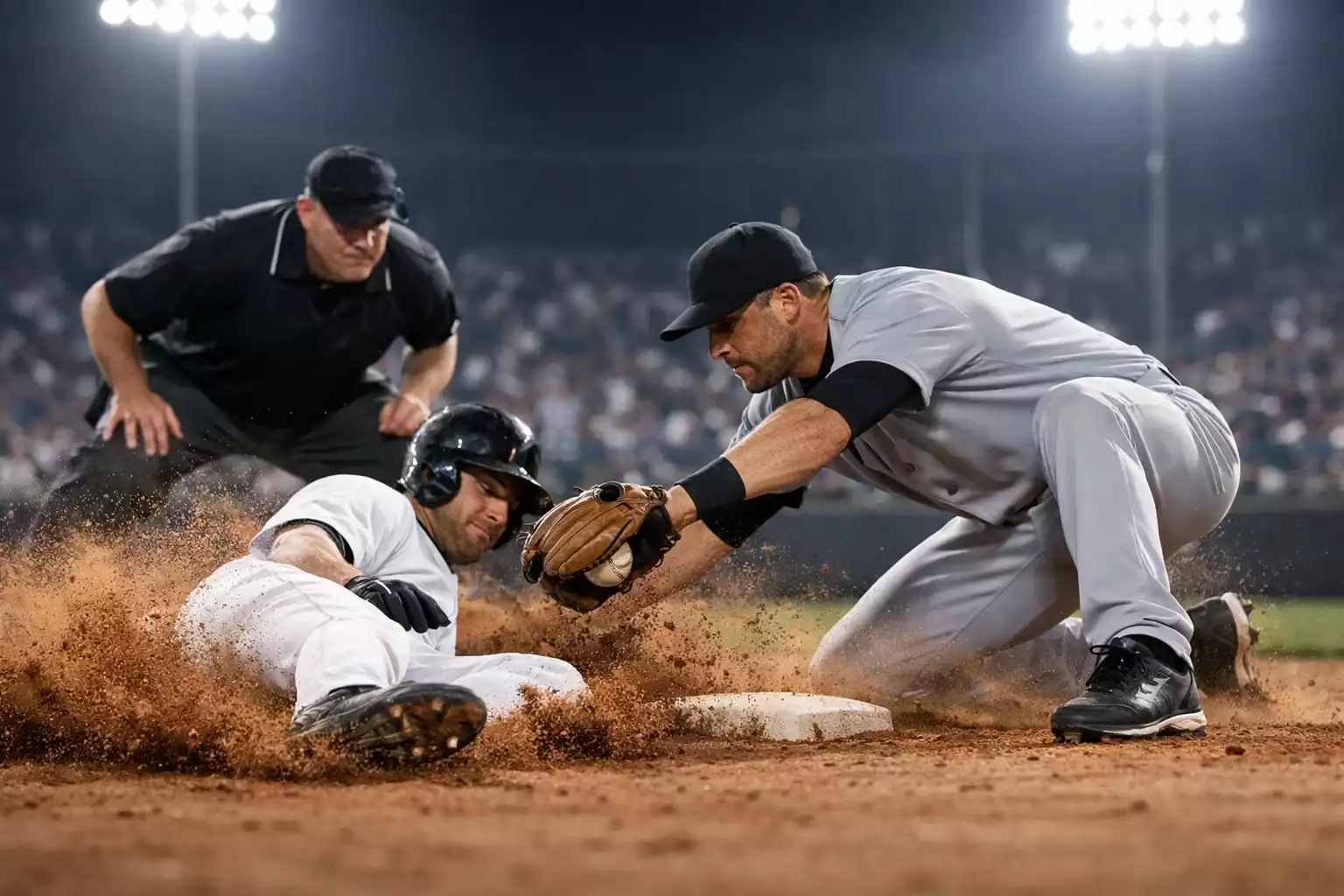 Baseball runner sliding into base during exciting play
