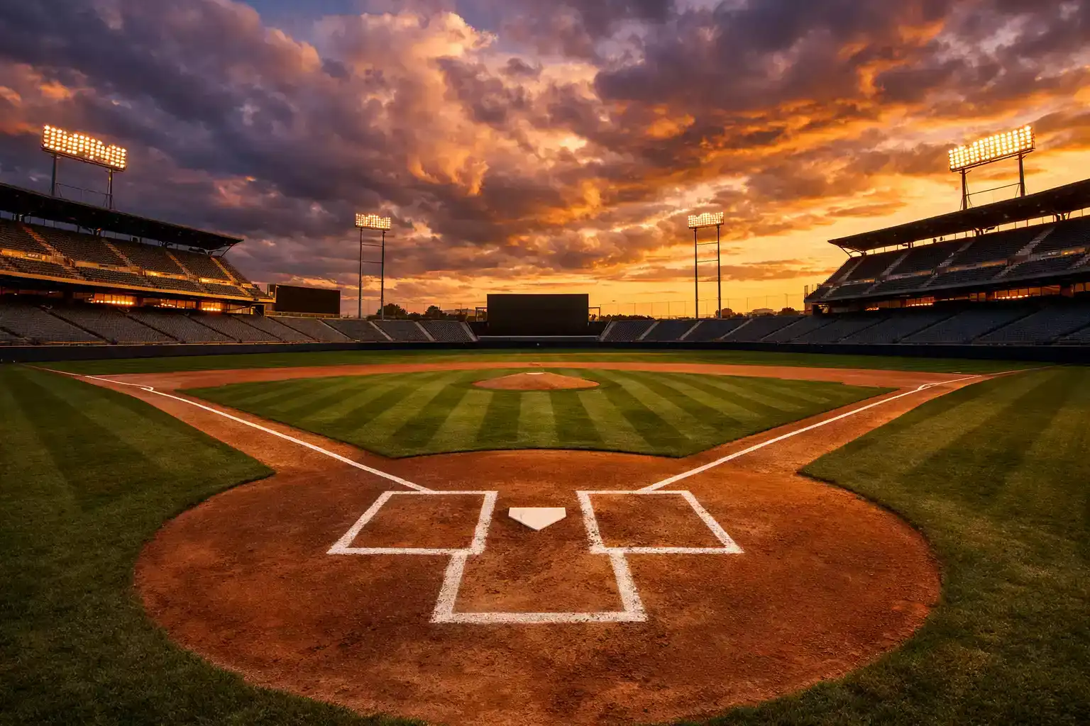Baseball stadium at dusk with illuminated field