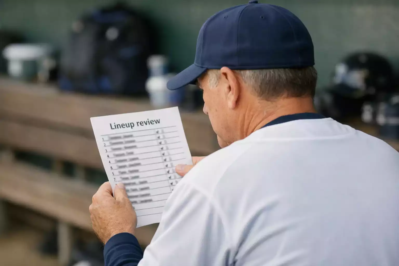 Baseball manager reviewing lineup card in dugout