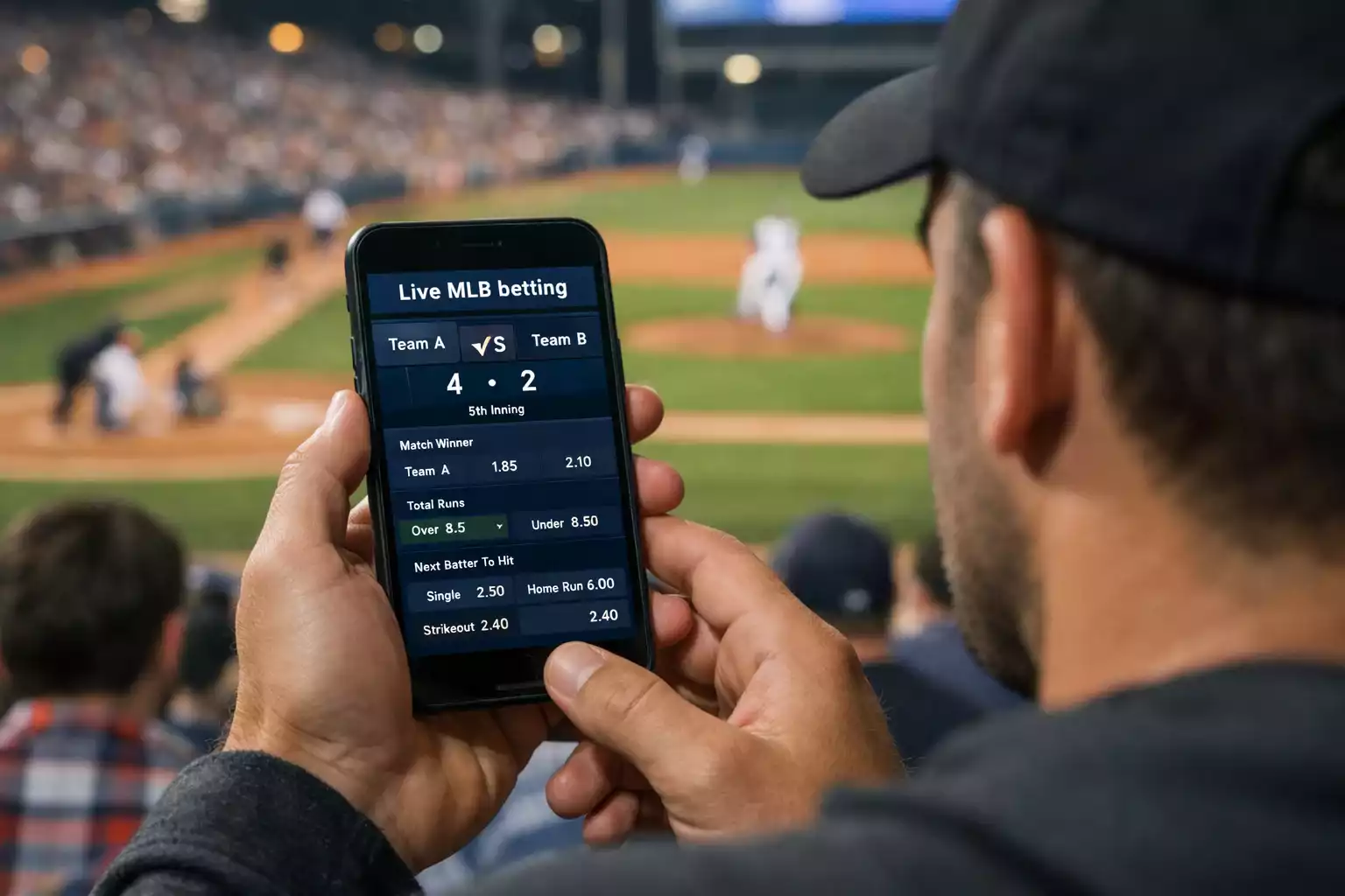 Fan watching baseball game on mobile phone at stadium
