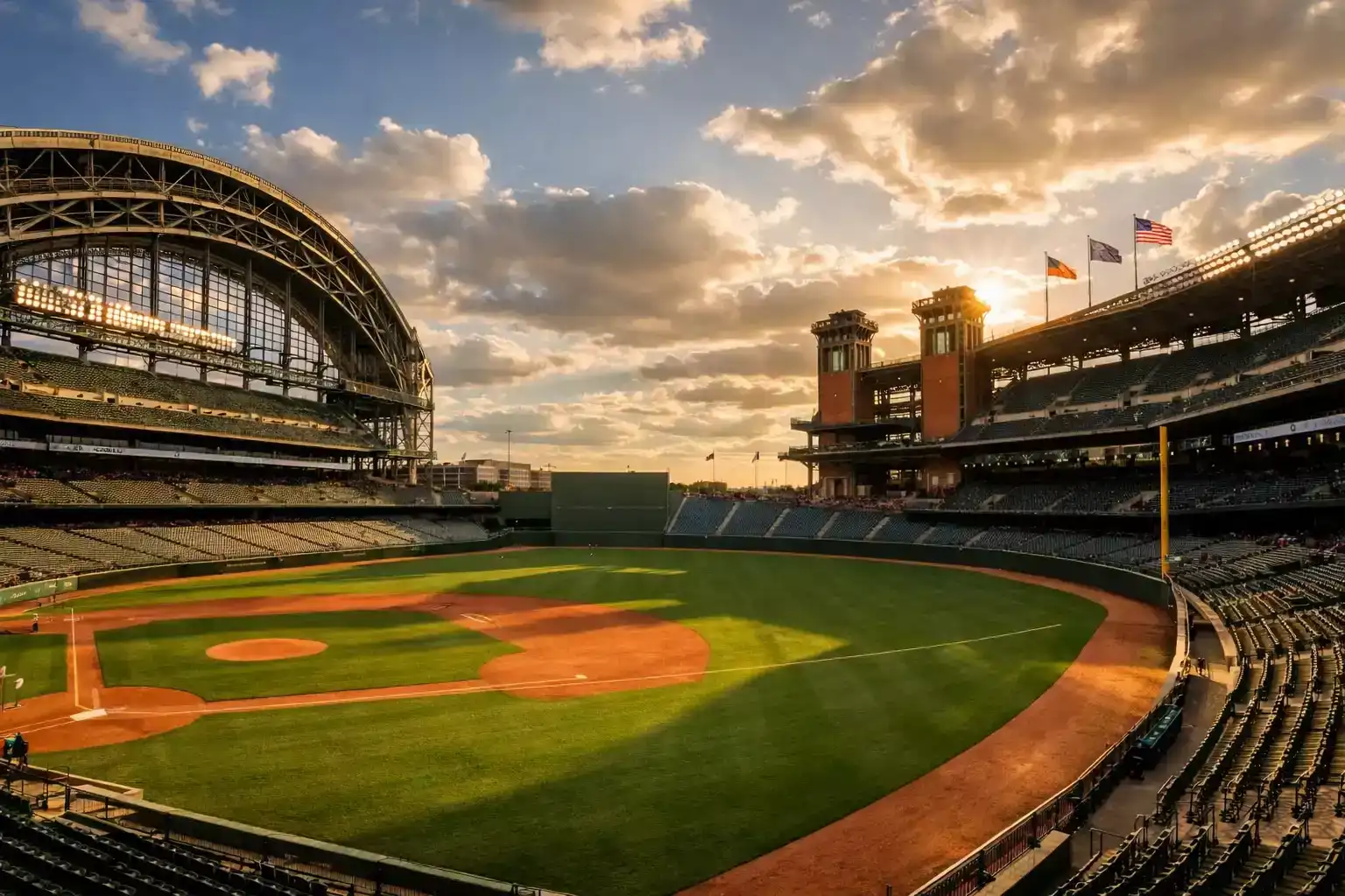 Baseball field with weather elements and stadium architecture