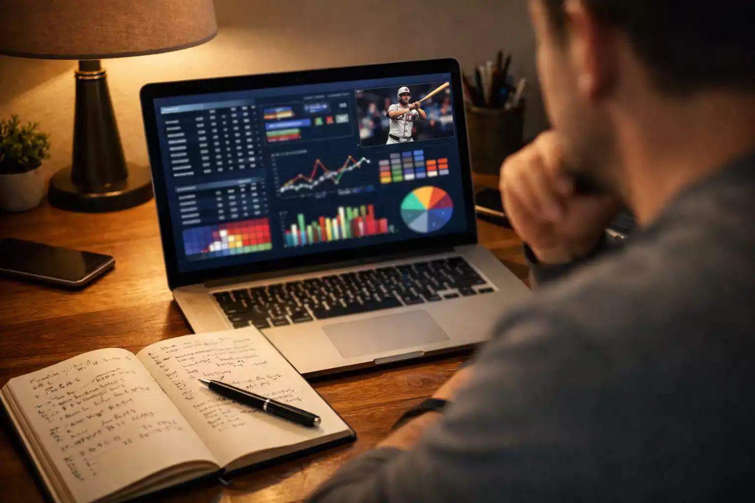 Sports bettor analyzing baseball odds on laptop