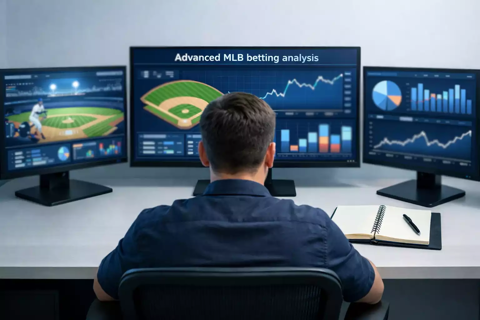 Professional sports analyst studying multiple screens with baseball data