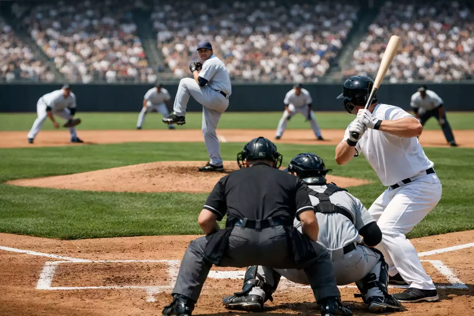 Baseball pitcher and batter in game action